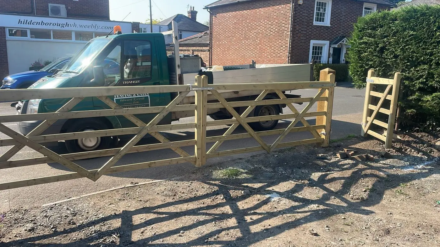 Pair of timber five bar gates and a matching pedestrian gate at Hildenborough village hall, with the Tyrrells truck behind